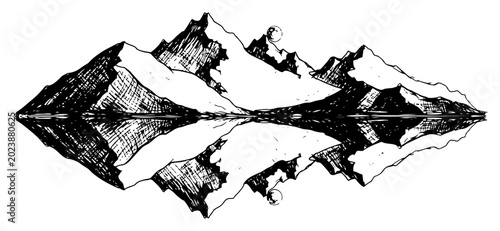 Foto Mountain range with moon reflected in a calm lake in hand drawn vintage sketch s