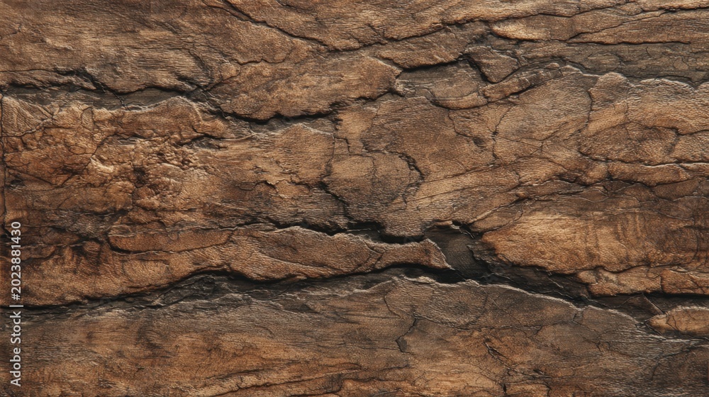 Fototapeta premium Close-up of textured brown distressed wooden bark surface with natural patterns