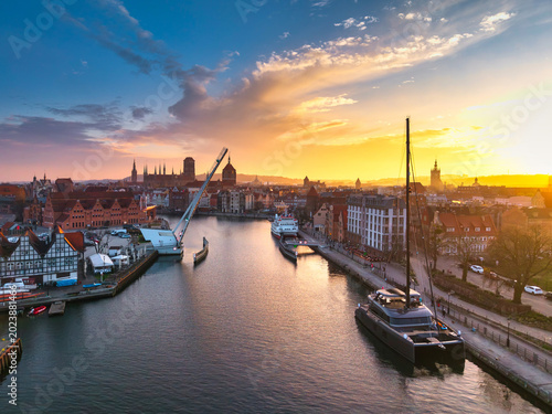 Beautiful Gdansk over the Motlawa river at sunset. Poland