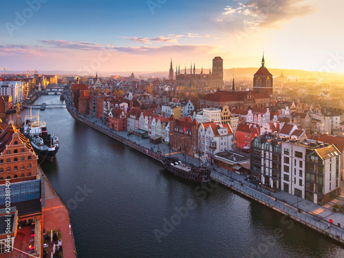 Beautiful Gdansk over the Motlawa river at sunset. Poland