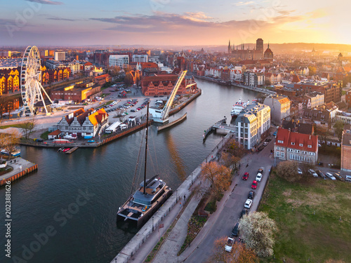Beautiful Gdansk over the Motlawa river at sunset. Poland