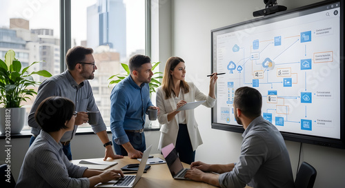 diverse team brainstorming with digital flowchart in modern bright office