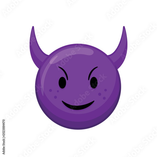 Photos Sly and tricky purple cartoon emoji character with devil horns and evil smile