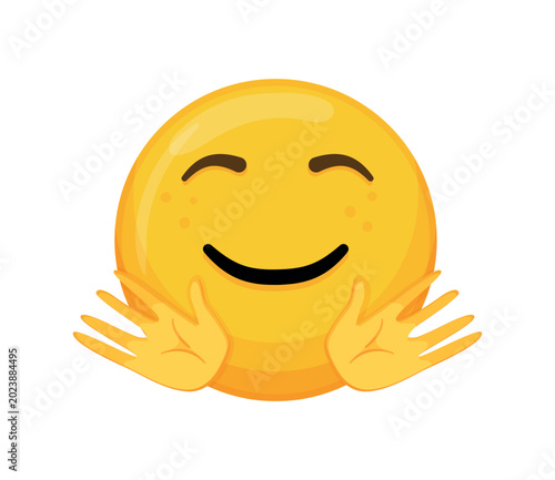 Slika na platnu Friendly yellow cartoon emoji smiling with closed eyes and open hands offering a hug