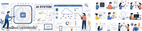 AI Technology. Editorial banner about artificial intelligence, processor, brain, machine learning, data, code, computing, algorithm, research, digital network, analysis, search, innovation, cloud,