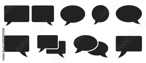 Minimal Black Speech Bubble Icons: Clean communication symbols featuring rounded and rectangular chat bubbles arranged in rows. messaging interface, modern dialogue icons, simple conversation shapes.