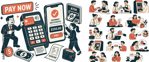 Money Payment Stories Pack flat vector digital illustration, doodle flat, thick outline, expressive characters, simple shapes, playful proportions, exaggerated scale, minimal detail, solid fill, high