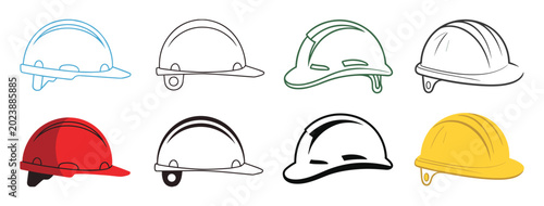Photos Construction Hard Hat Collection: A set of safety helmets displayed in multiple line art and solid color styles