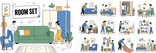 Furniture Home Interior. Clean editorial banner with two characters arranging oversized sofa and wardrobe spanning full canvas edges, small lamp chair and rug elements filling sides, off-center