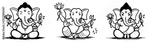 Photos Ganesha hindu god drawings in three seated poses with traditional symbols line a