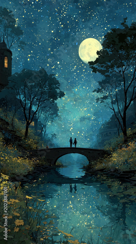 A romantic illustration of Niulang and Zhinu standing on a bridge of magpies under a vibrant starry night sky with the Milky Way, depicting a famous Chinese myth and celestial legend.