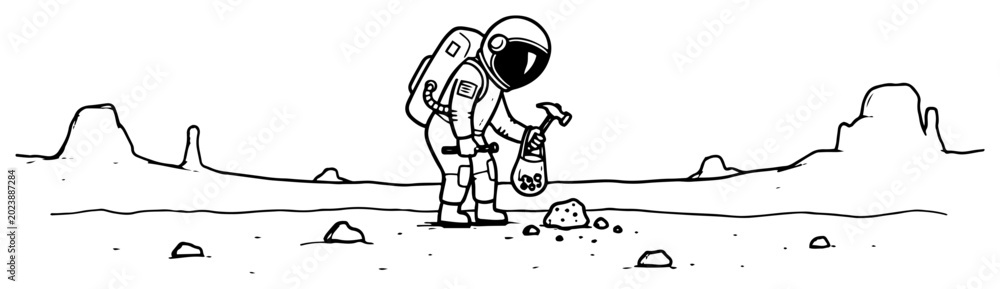 Obraz premium Astronaut gathering planetary specimens using hammer and bag on moon surface doodle style