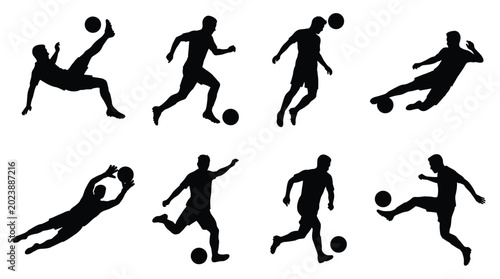 Black silhouettes of football players performing various dynamic actions during a professional soccer match game photo