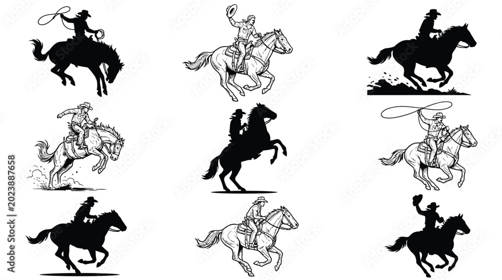 Naklejka premium Collection of detailed black and white illustrations showing various cowboys riding horses in different poses