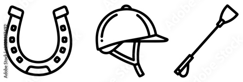 Tableau sur toile Horseshoe equestrian helmet and riding crop icons in modern line art style