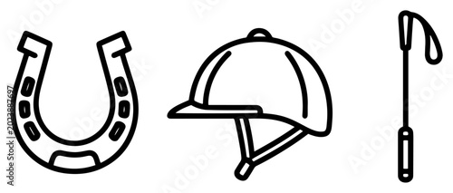 Fotografie Equestrian horseshoe helmet and riding crop icons in modern line art style