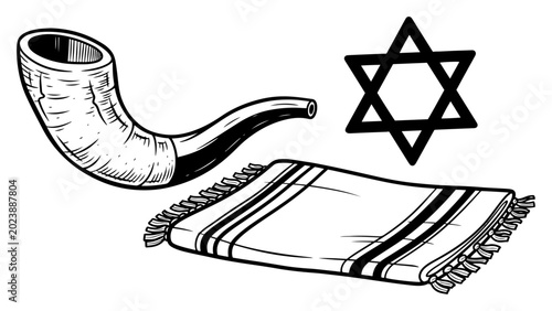 Quadro su tela Jewish religious symbols including shofar star of david and tallit prayer shawl