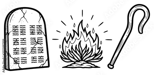 Photography Ten commandments tablets with burning bush and shepherd crook in hand drawn vect