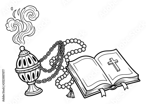 Fotografie Incense thurible with rosary beads and open bible in hand drawn vector style