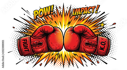 Two red boxing gloves colliding in a powerful comic book style explosion for this creative image