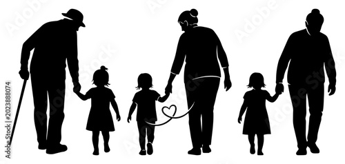 Tableau sur toile Grandparents walking and holding hands with grandchildren showing family bond in