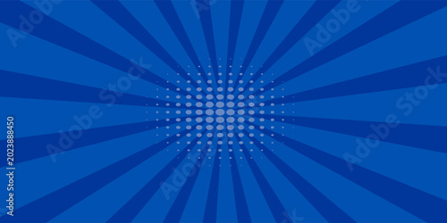 abstract comic rays background with dot halftone on blue