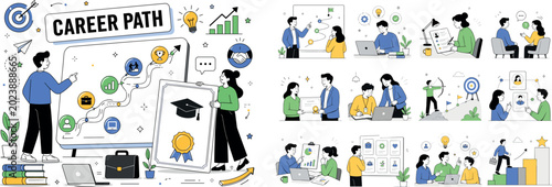 Career Education. Editorial banner about career education, training, learning, skills, mentorship, employment, internship, degree, job goals, professional development, networking, coaching,