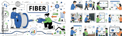 Optical Fiber Network Icons. A clean editorial banner about broadband and cable connection symbols, with 2 geometric characters linking an oversized fiber cable bobbin and a large network cord icon
