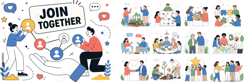 Fototapeta premium Community Connection. Community, people, friendship, social inclusion, teamwork and support. Clean editorial banner with one friendly neighborhood scene: 2 geometric characters connecting oversized