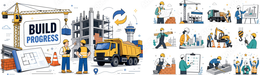 Naklejka premium Construction Site Progress. Construction site and building project banner with one main scene of two workers coordinating heavy machinery beside a developing structure, oversized crane and dump truck