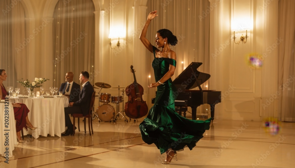 Fototapeta premium Elegant Female Flamenco Dancer in Green Dress Performing at Formal Event