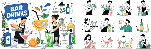Cocktail Bar Drinks. Clean editorial banner scene about cocktails and bar drinks with two geometric bartenders preparing oversized cocktail glasses and shaker, citrus slice, ice cube, straw, bottle,