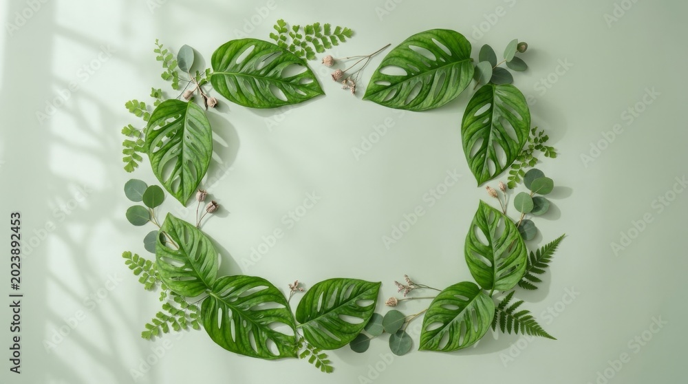 Fototapeta premium Monstera leaf frame on green background with soft window light