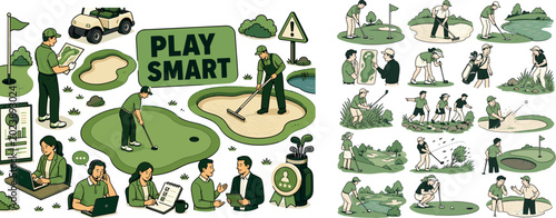 Golf Course Hazards banner, clean focused golf course scene with two golfers and one groundskeeper beside a large oversized bunker hazard and a large putting green, one golfer aiming putt, one golfer