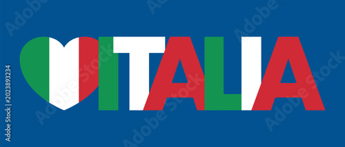 Italia Creative Typography Logo Design with Flag Colors and Heart Shape Inside Tricolor Letters on Blue Background