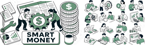 Money Gear Finance banner, clean focused full-canvas scene of two expressive office characters adjusting one oversized gear with a dollar mark, large ledger sheet stretching to top edge, oversized
