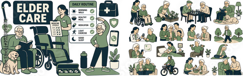 Senior Care Lifestyle banner, clean focused elderly care scene with two seniors and one caregiver beside a large oversized wheelchair comfort chair and a large health routine board, one senior reading