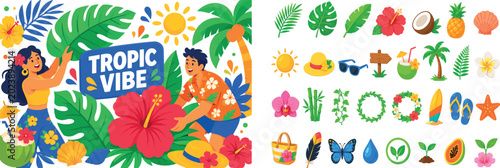 Tropical Leaf Paradise banner scene, two expressive stylized human characters arranging oversized palm leaves and a giant tropical flower, with small coconut, shell, sun, beach hat, and hibiscus