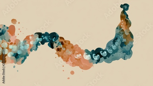 Artwork shows a pregnancy journey as a river with abstract forms starting as cells, growing into a fetal shape, and ending with a mother’s silhouette.