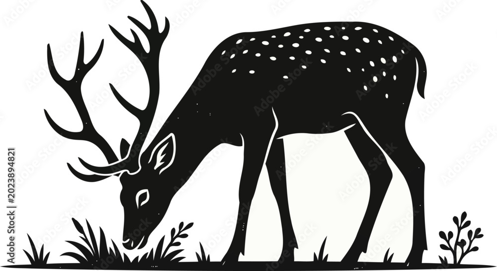 Fototapeta premium Minimalist Grazing Spotted Deer Silhouette – Hand Drawn Stag with Antlers Eating Grass Vector Illustration