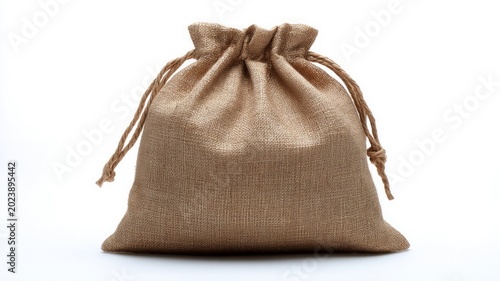 Burlap sack on white background, drawstring detail. Artificial intelligence image