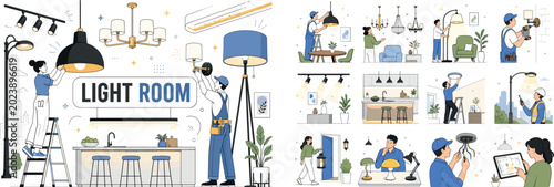 Lighting Interior Fixtures. Clean editorial banner with one main interior lighting scene: a designer and electrician installing fixtures around an oversized pendant lamp and a large floor lamp,