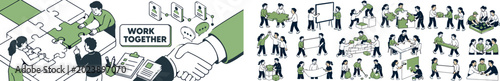 Society Team Cooperation banner, clean focused full-canvas scene of three expressive community members building teamwork around one oversized puzzle board stretching to left and top edges, large