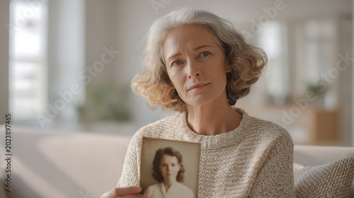 Thoughtful mature woman reflect on past, hold old photograph with pensive, nostalgic expression in soft daylight living room setting