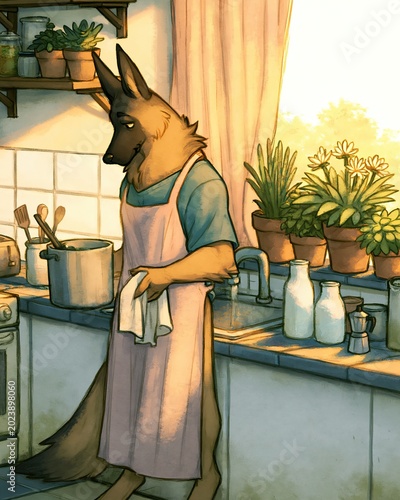 Dog Prepares Meal in Kitchen During Warm Afternoon