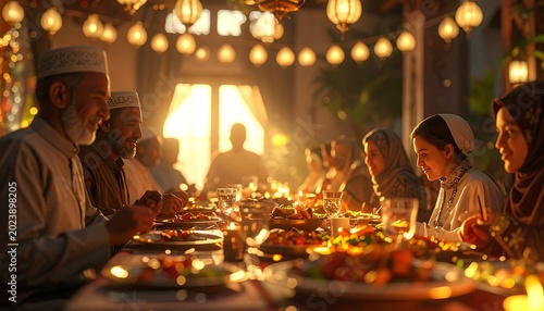 Muslim family enjoying Iftar dinner during Ramadan with traditional lanterns and warm lighting.