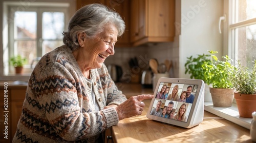Cheerful senior woman using smart display on kitchen counter to make video call with her family