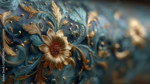 Detailed golden filigree relief over a dark metallic background. Antique baroque style decorative pattern for luxury branding and premium design projects with complex motifs.