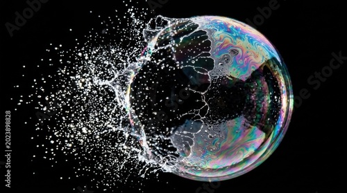 Exploding Soap Bubble - A High-Speed Capture of Water Droplets and Iridescent Colors Against Black.