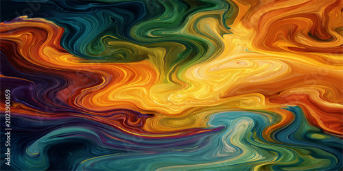 Foto Abstract swirling colors of blue, green, orange, and yellow blend and flow together to create a mesmerizing and dynamic visual texture, suggesting movement and energy